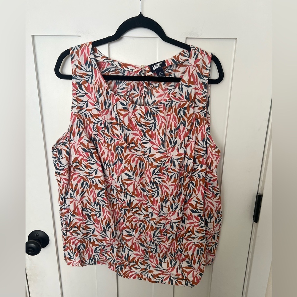 Lands End 100% Linen Sleeveless Tank Top Leaves Plus Size 1X (16W-18W)